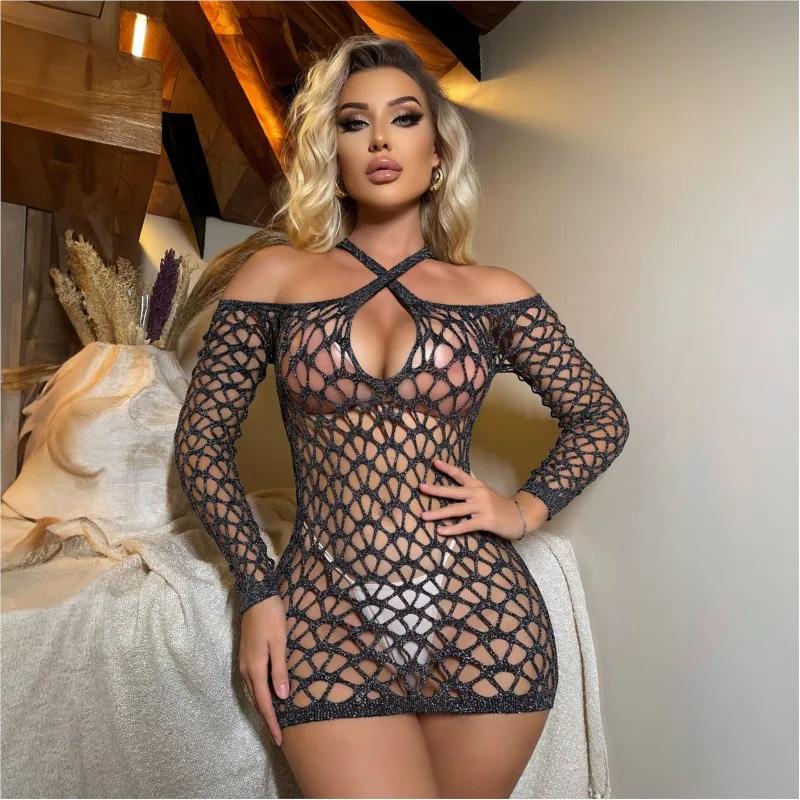 Dress Silver Wire Mesh Perspective Slim Fit Bag Buttocks Tight And Fun Lingerie Sexy Costume Women Robe Femmes Evening Dresses
