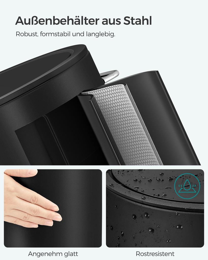 SONGMICS Bathroom Bin, 3 Litre Toilet Pedal Bin, Cosmetic Bin with ABS Lid and Plastic Inner Bucket, Steel