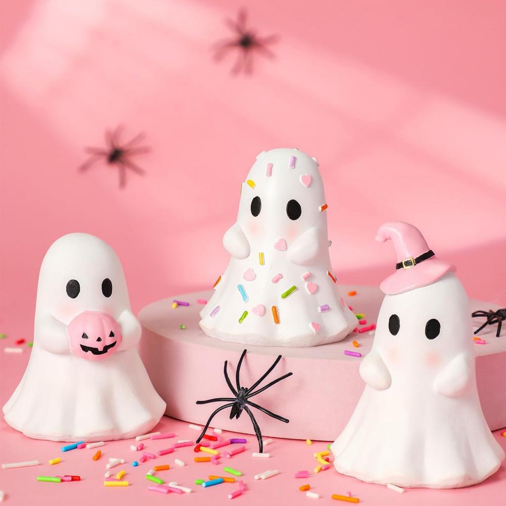 Cute Halloween Ghost Resin Figurine, Candy Pumpkin Witch Hat Desk Decor For Girls, Pink White Tabletop Ornament