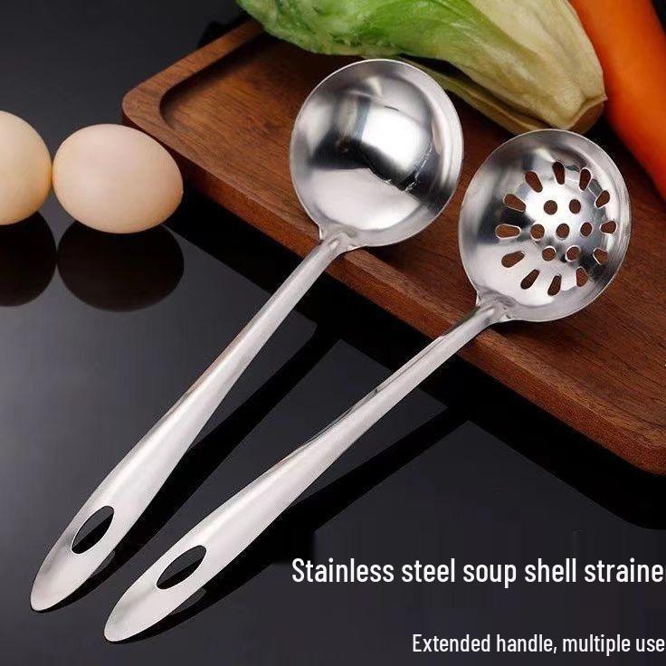 Stainless Steel Soup and Hot Pot Ladle Set: Large Ladle, Small Slotted Spoon, Long Handle, Commercial Porridge Spoon