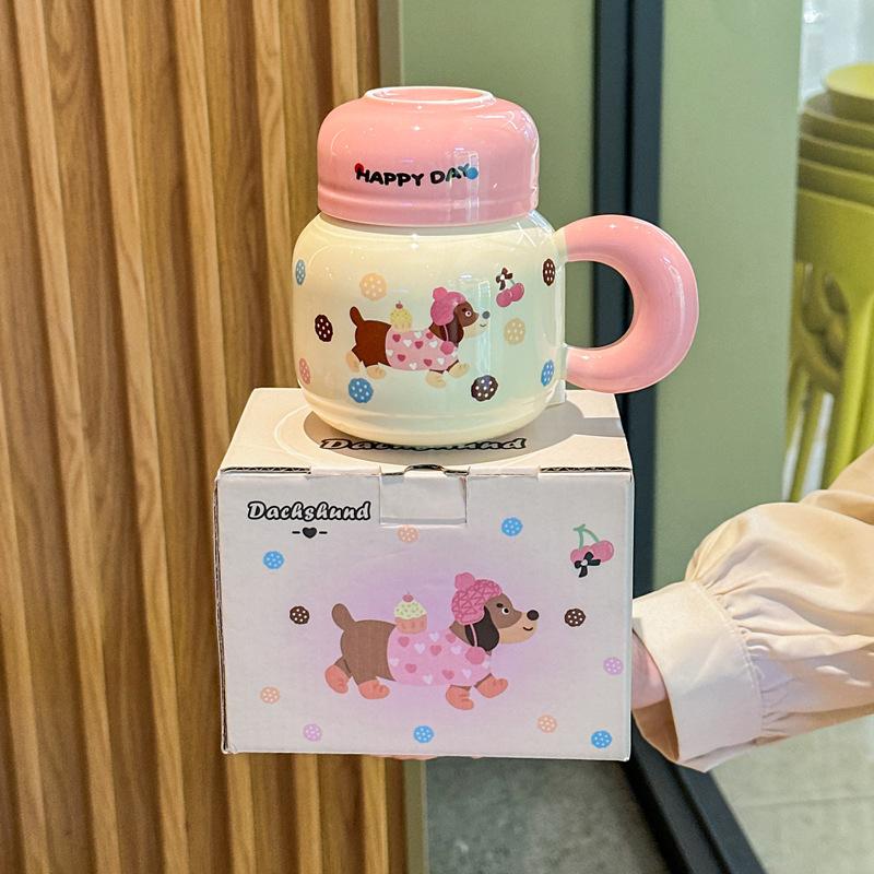 Cute Dachshund Puppy Ceramic Kettle Couple with High Value Mug with Lid To Send Birthday Gifts for Girls