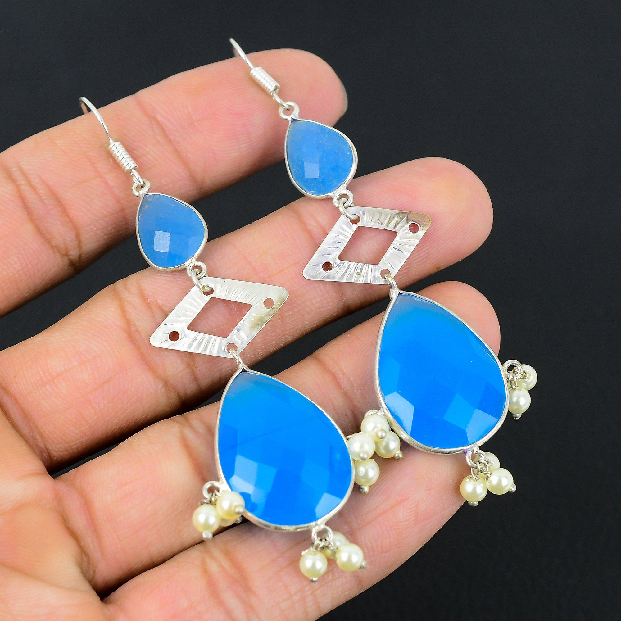 

925 Sterling Silver Pear Natural Aqua Chalcedony Dangle Drop Earrings Jewelry