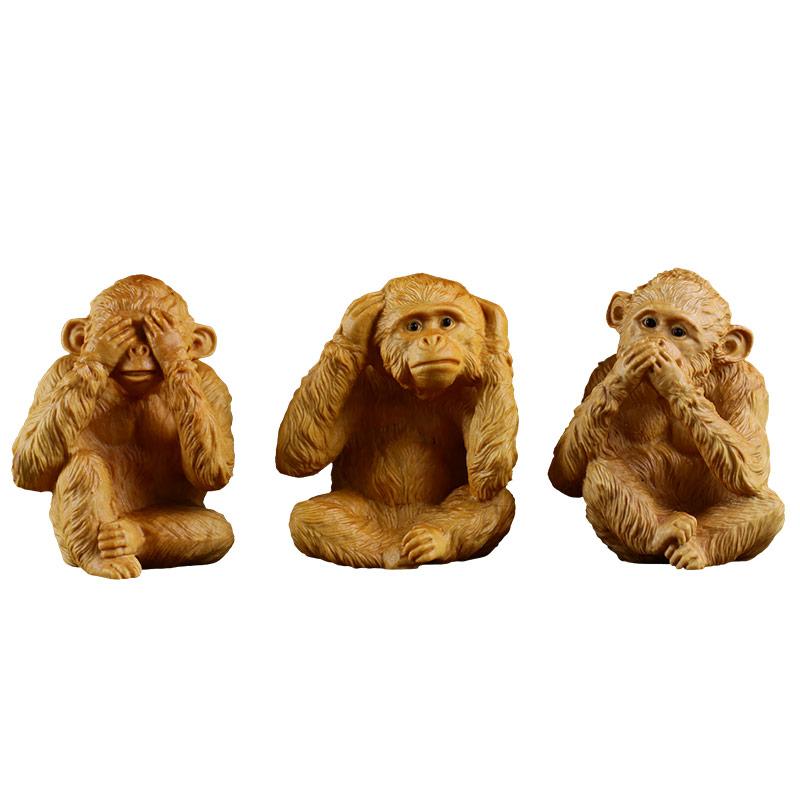Estatua de Animales de los Tres Monos No Mires No Escuches No Digas Talla en Boj Artesanía Creativa de Talla en Madera Decoración de Coche