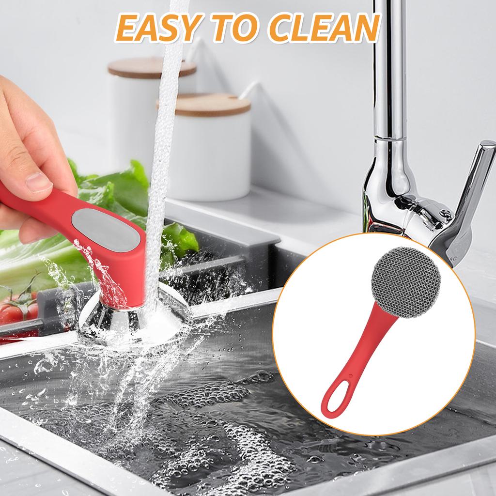 Cast Iron Scrubber Stainless Steel Skillet Cleaner with Silicone Long Handle Efficient Chainmail Scrubber Kitchen Cleaning Tools