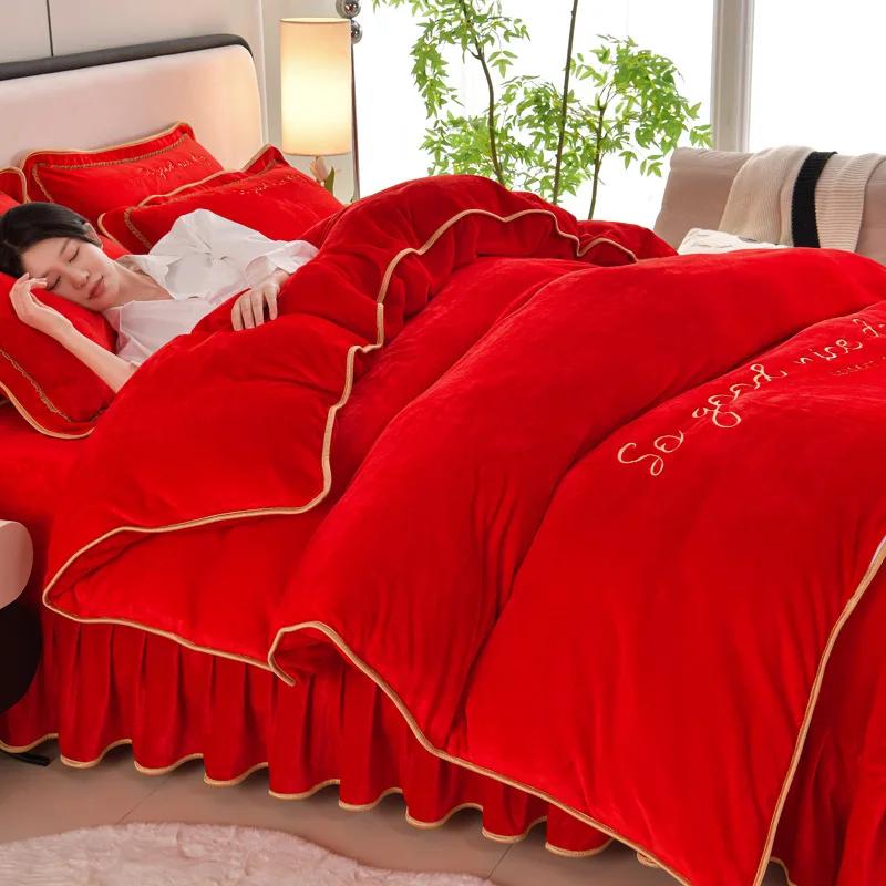 

new AB model simple solid color milk fleece four-piece set winter fleece thickened warm four-piece set 1.8m bed skirt 4pcs фуксія