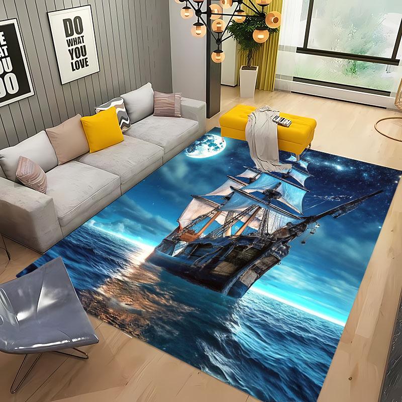 3D Pirate Ship Boat, Large Area Carpets for Home Living Room  Children's Bedroom Sofa Doormat Kitchen Floor Rugs Anti-slip Decor