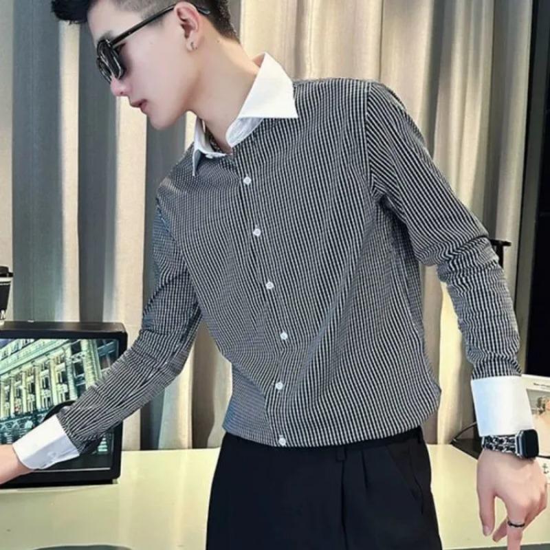 

Men s Streetwear Black White Check Contrast Collar Button Down Shirt S чёрный
