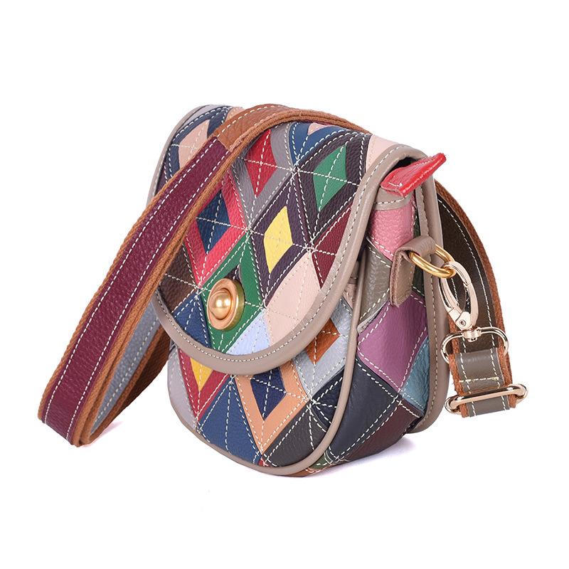 Vintage Genuine Leather Women's Small Bag Color Design Cowhide Ethnic Style Crossbody Bag Saddle Bag Women's Shoulder Bag