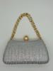 Exquisite Sparkling Rhinestone Embellished Pearl Topped Chain Strapped Evening Clutch in Black Silver and Champagne Colors
