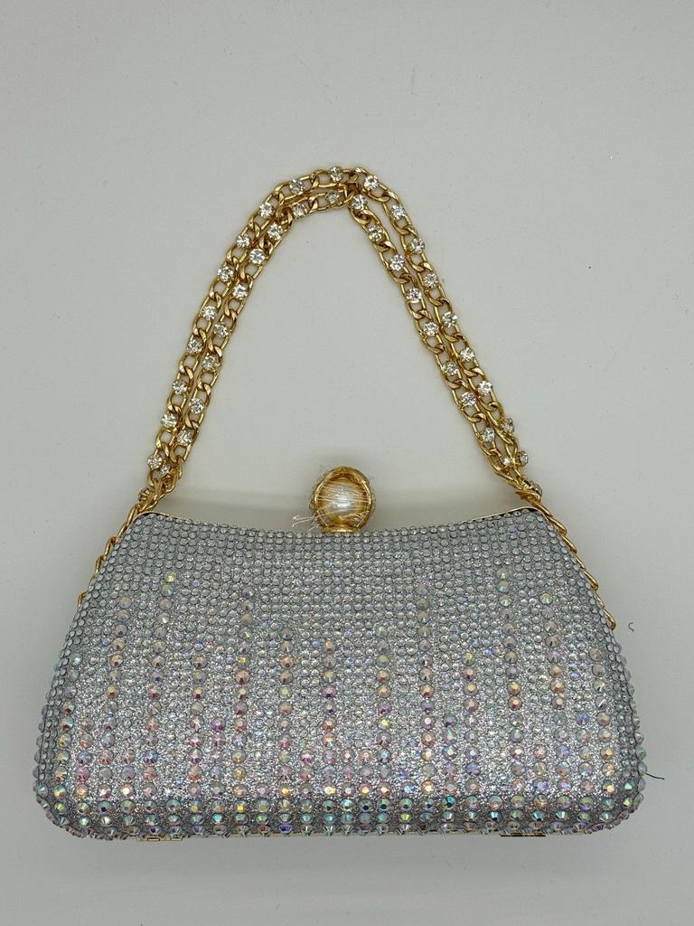 Exquisite Sparkling Rhinestone Embellished Pearl Topped Chain Strapped Evening Clutch in Black Silver and Champagne Colors