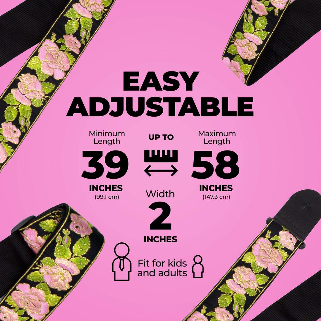 P Leathers Guitar Strap Nylon Pink Metallic Rose Adjustable For and Electric Guitars Made in Canada Perri's Ltd. - - - - - Acoustic, Bass, -