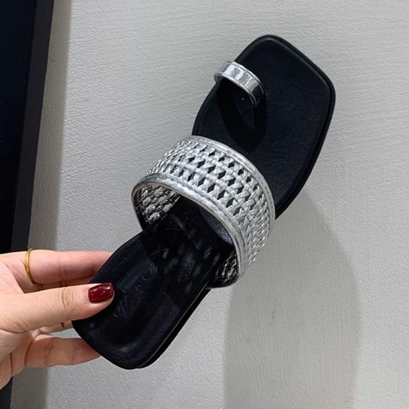 

Fashion Mesh Woven Design Brand Flip Flops Women Summer Fashion Clip Toe Wedges Slide Sandals Comfort Soft Bottom Women Home Slippers 39 серебряный
