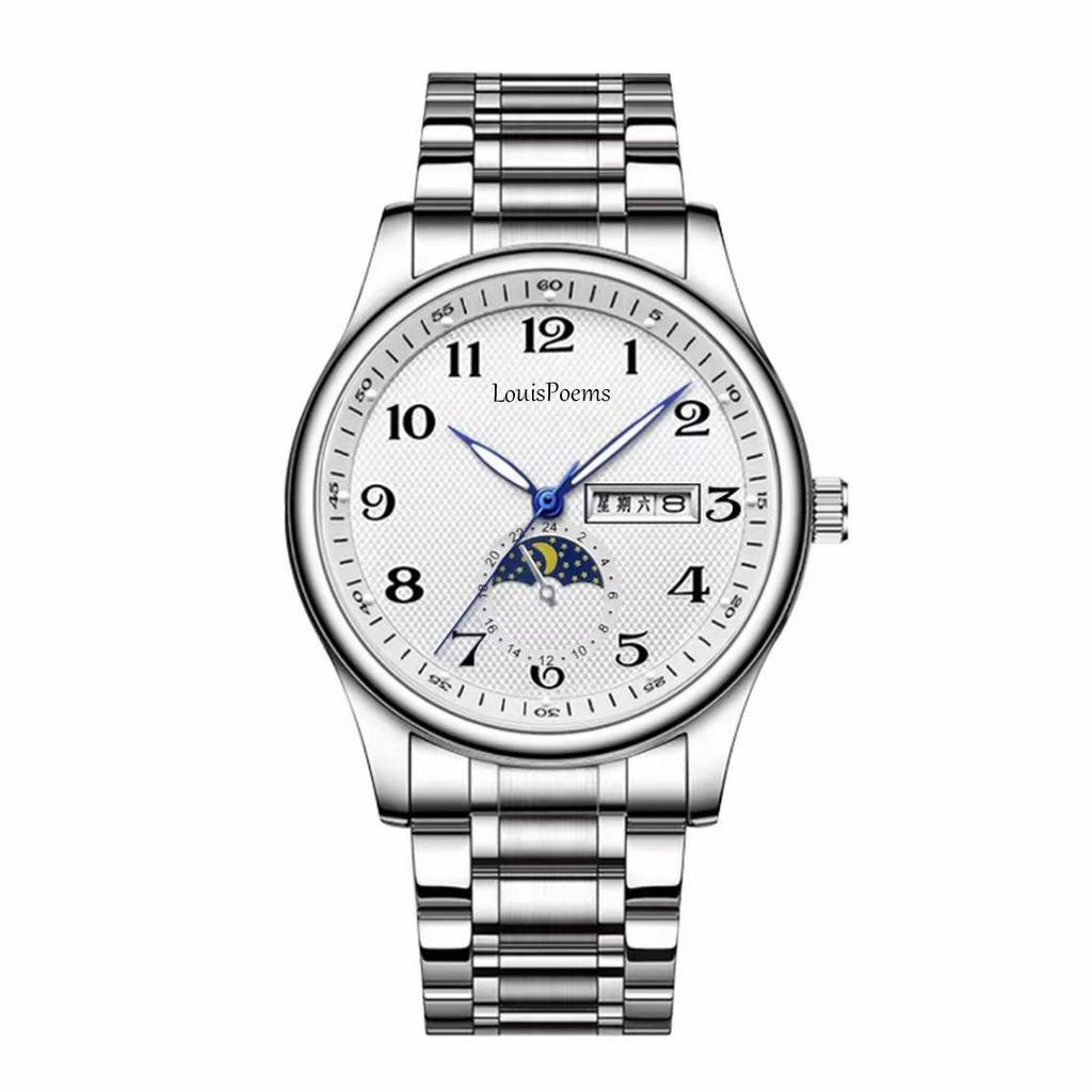 Men's Luminous Moon Phase Steel Watch - High-End Automatic Business Wristwatch