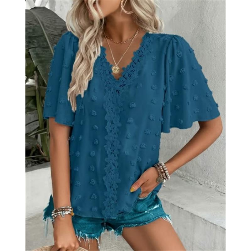 Comfortable Loose Jacquard Lace V-neck Short Sleeved Top For Women