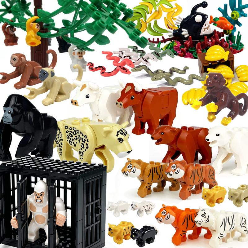 MOC Wild Animals Building Blocks Set Monkey Cow Bear Orangutan Leopard Snake Camel Mini DIY Model Compatible Bricks Kids Toy T19