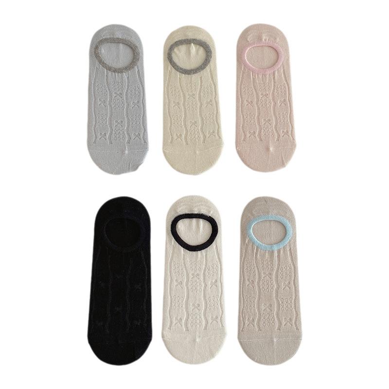 Summer Thin Socks, Women's Perforated Bow Bow Breathable Boat Socks, Silicone Anti-slip Color-blocked Light-cut Invisible Socks