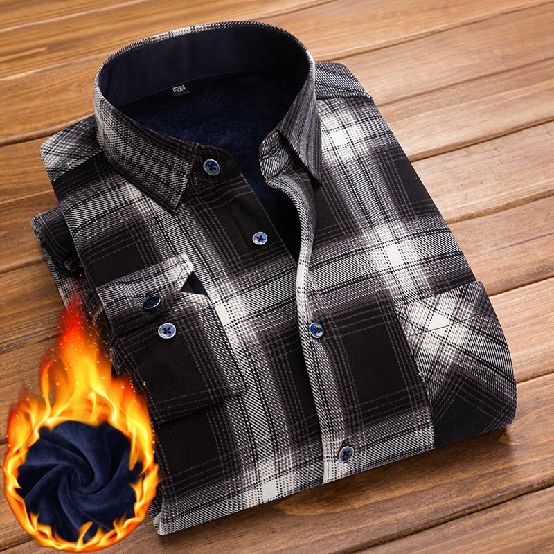 Winter Men Shirt Plaid Flannel Thick Warm Long Sleeve Fleece Autumn Dress Flannel Formal Shirt Fashion Casual Slim Fit Pocket