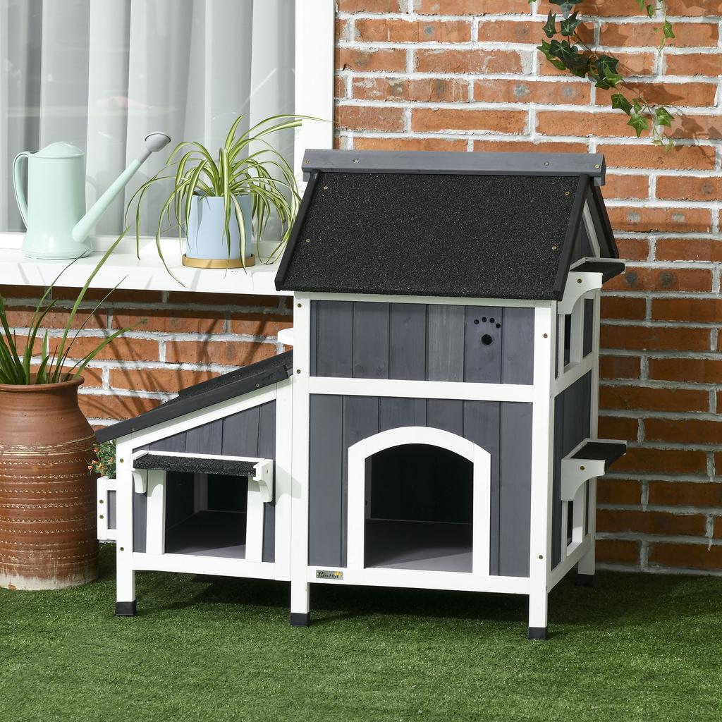 Wooden Cat House with Flower Pot, Windows, Multiple Entrances, Water-Resistant Roof for Outdoor - Grey