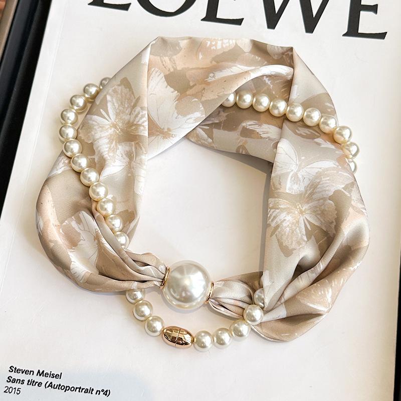 

Fashionable Magnetic Buckle Pearl Long Silk Scarf For Women
