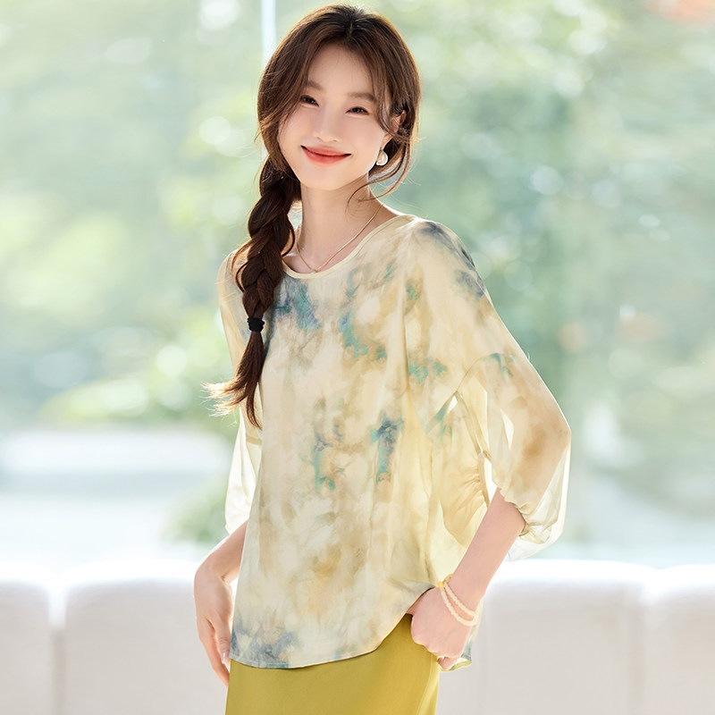 Light luxury high-end loose chiffon shirt smudge design round neck lantern sleeve noble lady imitation silk temperament top tide