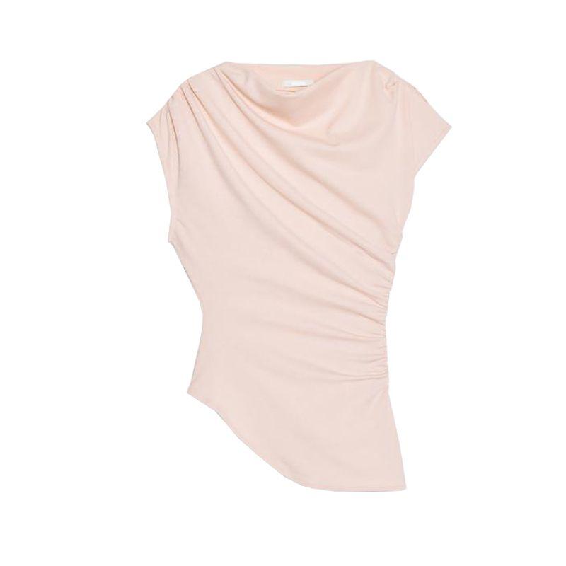 Spring New Women's Clothing Sweet Style Multi-Color Selection Ruched Asymmetric Boat Neck Basic Tops 5644768