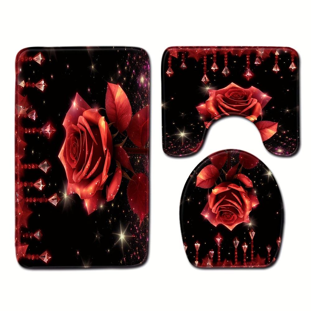 Crystal Red Rose Bathroom Floor Mat Set 3pcs Non-Slip Absorbent Toilet Lid Cover U-Shaped Rug and Decorative Bath Mat