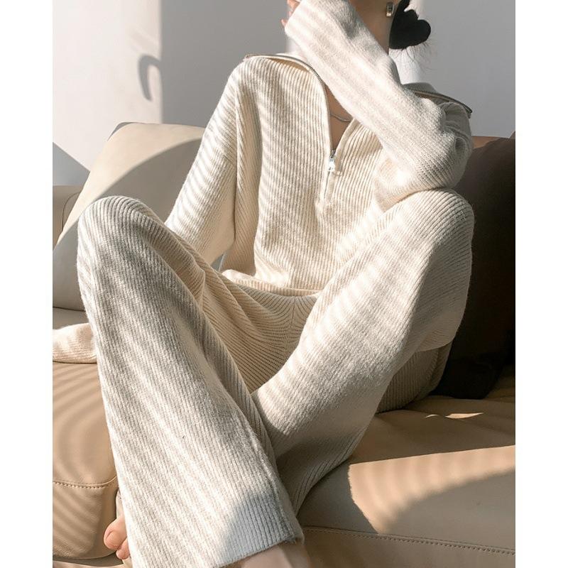 European and American style turtleneck zipper pullover sweater knitted suit women's autumn and winter loose wide-leg pants two-piece set