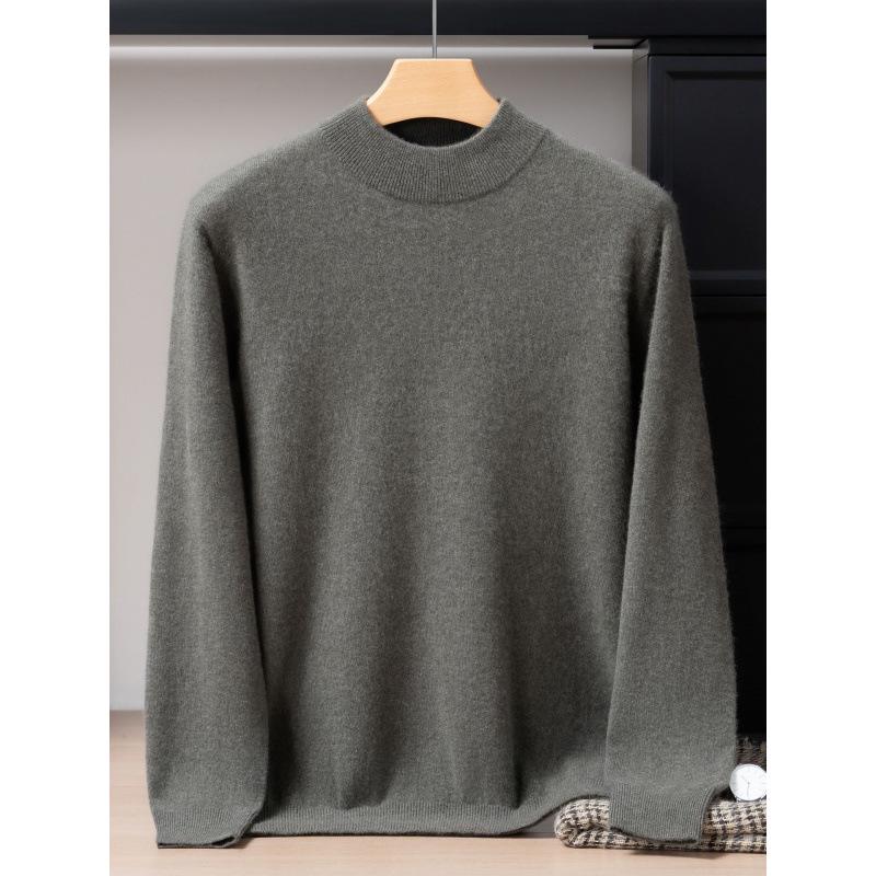 Men's 12-Gauge Double-Layer Cashmere Mock Neck Sweater, Long-Sleeved, Versatile Business Casual, Warm Knitted Base Layer