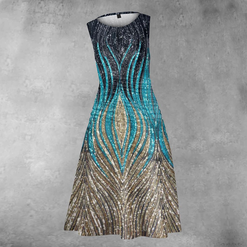 Women's Princess Dress Sexy Round Neck Printed Waist Pulled Sleeveless Dress