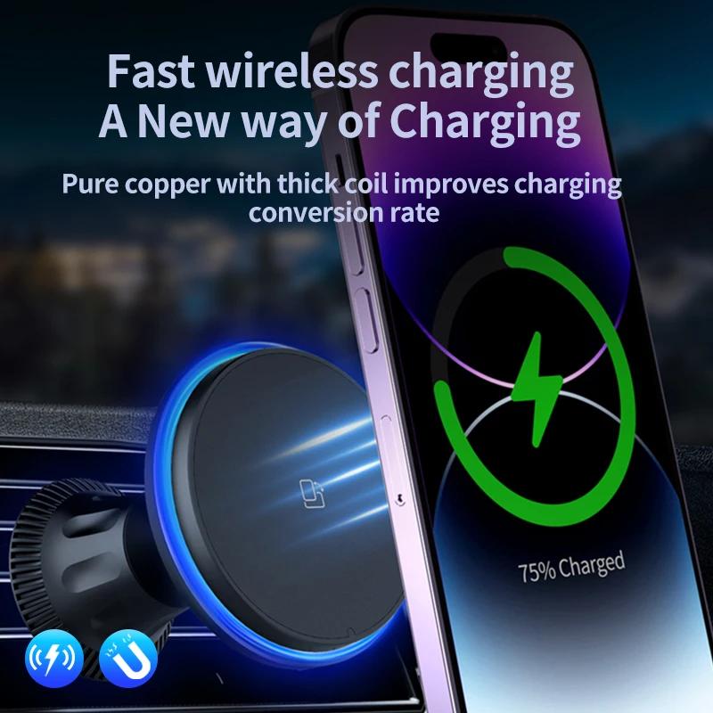 RGB Magnetic Car Wireless Charger For iPhone 12 13 14 15 Pro Max Mini Macsafe Car Phone Holder Stand Mount Fast Charging Station