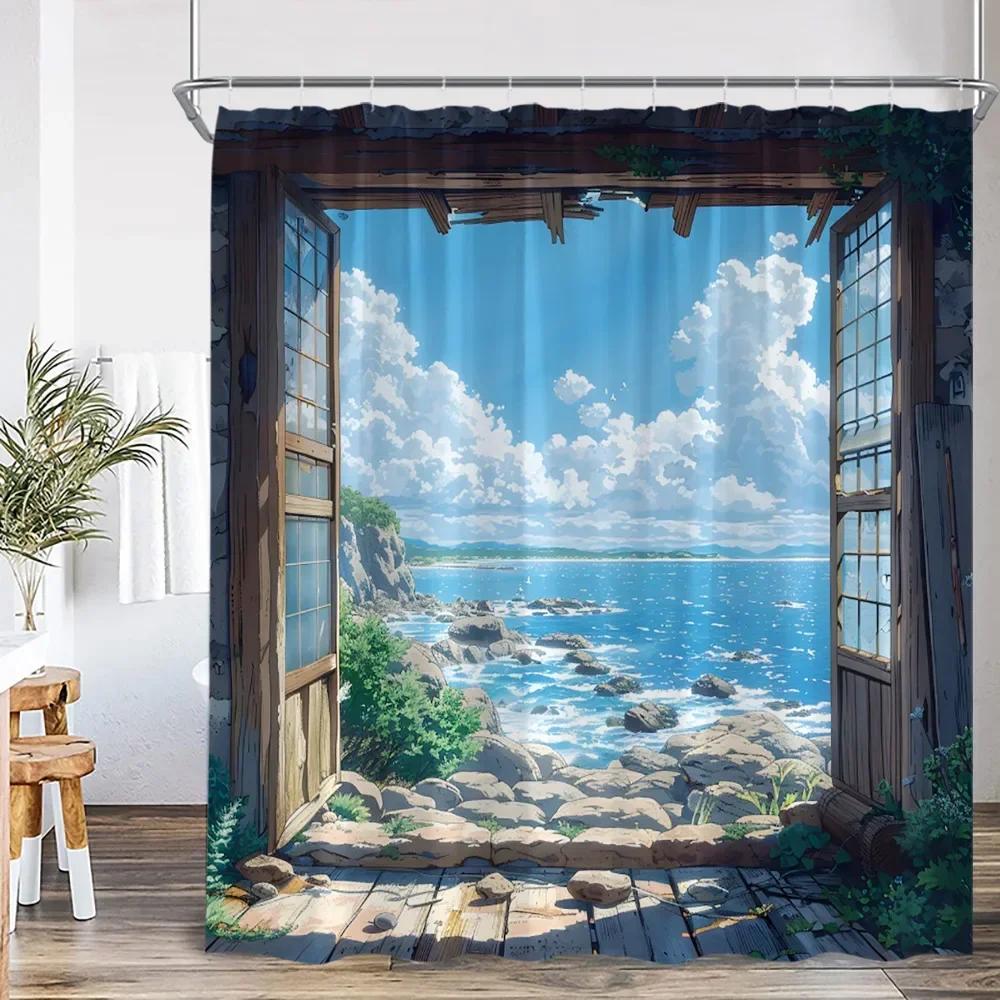 Deniz Kenarı Manzarası Dış Mekan Manzarası Plaj Duş Perdesi Banyo Dekorasyonu Kancalı Polyester Duş Perdesi
