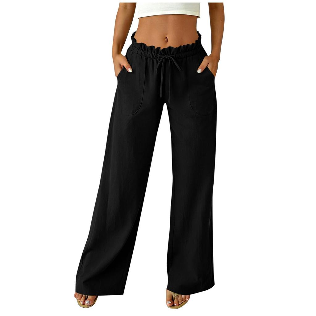 Women's Casual Relaxed Fit High-Waisted Belted Pocket Cotton-Linen Blend Trousers