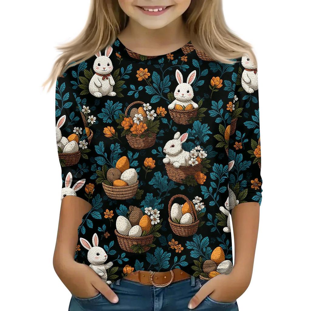 Kinder 3/4 Ärmel Tops Casual Print T Shirt Rundhals Pullover Bluse
