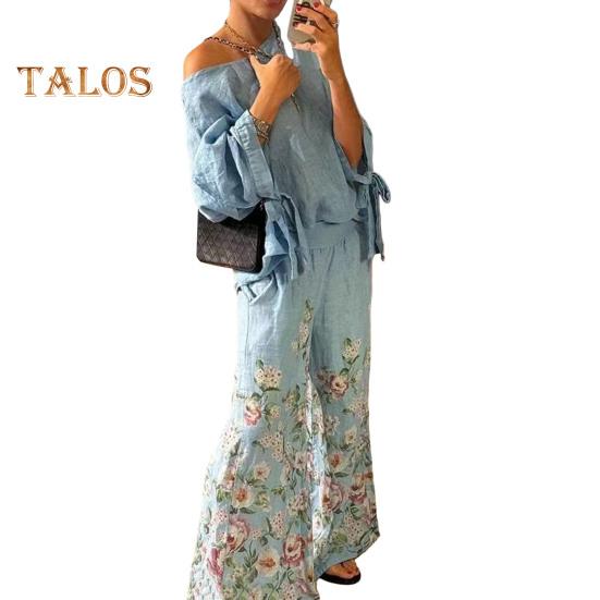 

Комплект из 2 предметов: топ и брюки, одно плечо, косой вырез, рукав три четверти, шнуровка на манжетах, блузка с цветочным принтом, эластичные широкие брюки с высокой талией XXL светло-серый