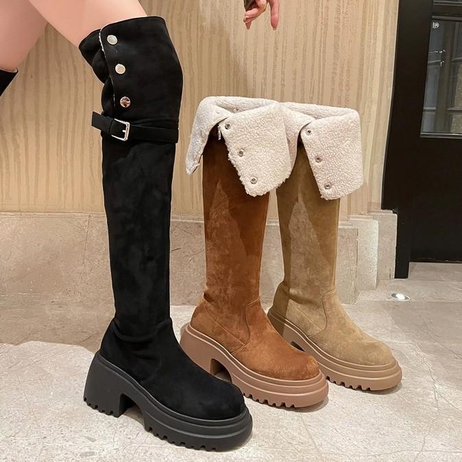Over-knee boots retro two-wear leather boots autumn and winter new velvet thickened western boots tall knight boots