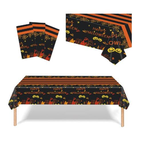 DIFEIUKI Happy Halloween Tablecloths, Set of 4, Spider Web, Bat, Pumpkin, Castle, Black and Orange, Rectangular Table Covers, Water-Repellent and Wate