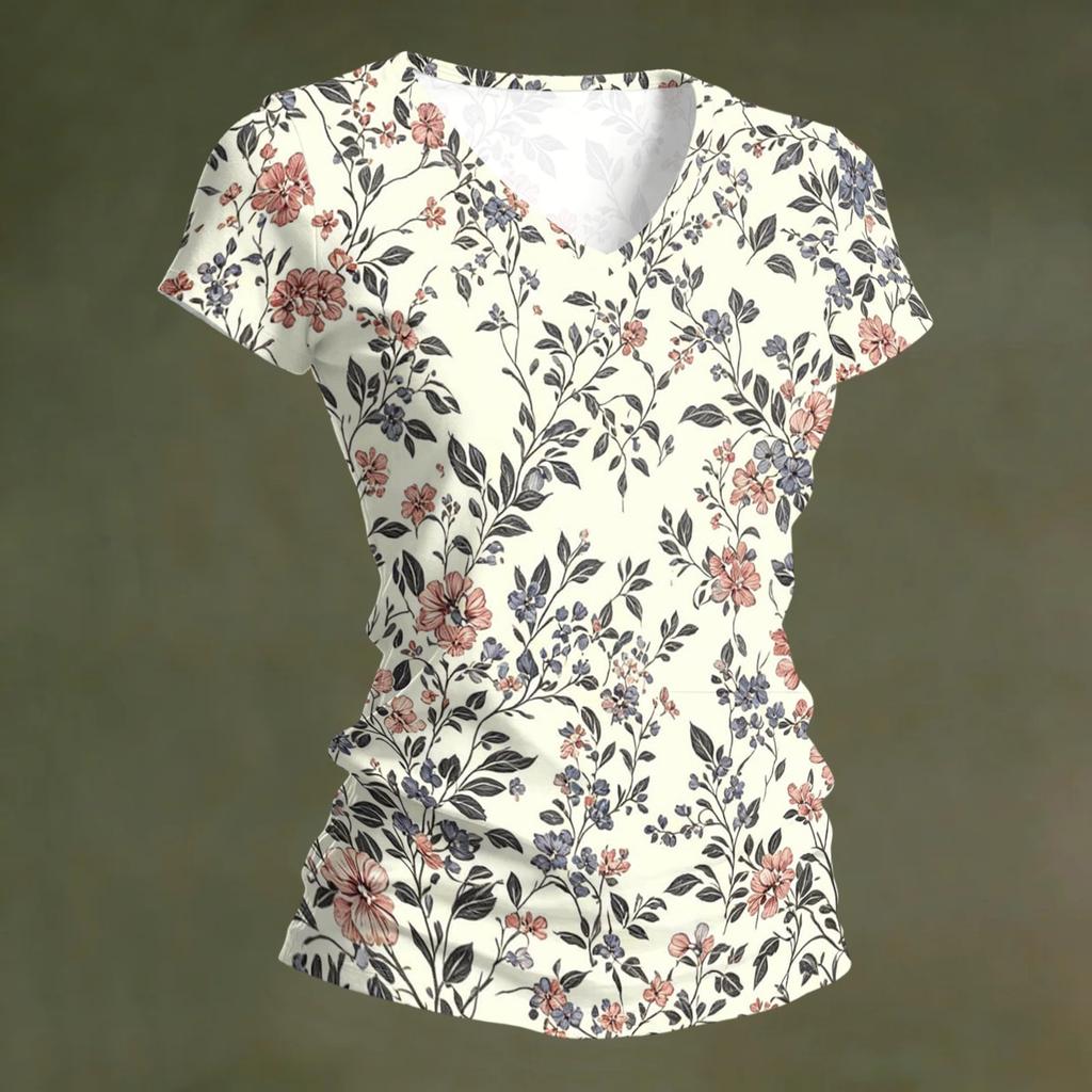 Women V Neck Short Sleeve T Shirt Floral Print Casual Loose Fit Lightweight Summer Top for Daily Wear Work Travel