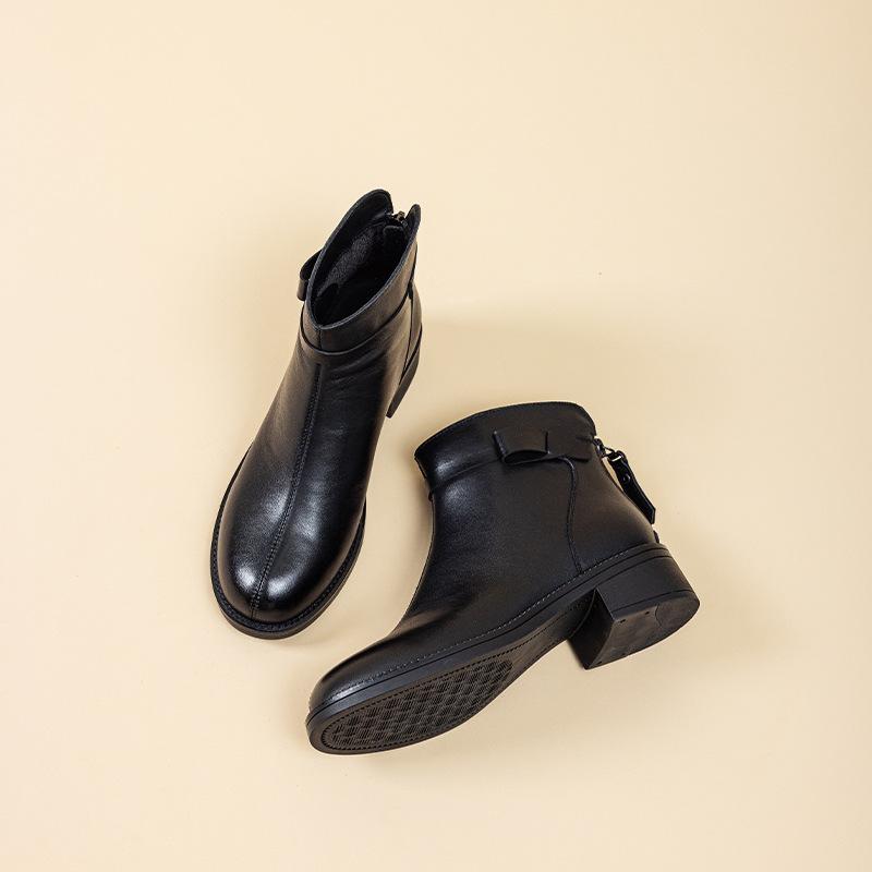 Versatile retro Martin boots women's bow high-end leather short boots autumn and winter new velvet warm boots