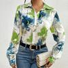 Watercolor Floral Print Long Sleeve Shirt Top Women Summer French Chic Satin-Feel Blouse Loose Fit Resort Wear