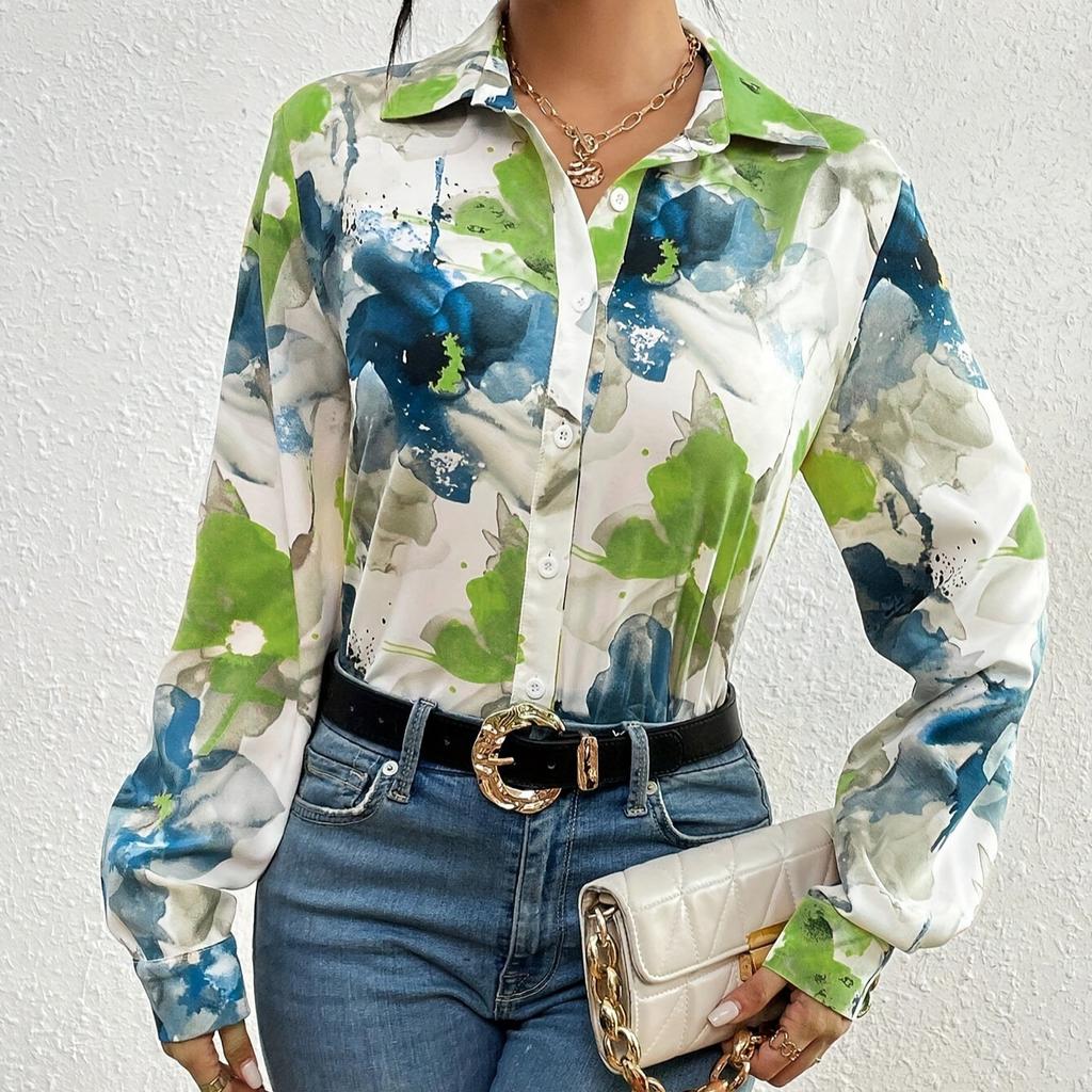 Watercolor Floral Print Long Sleeve Shirt Top Women Summer French Chic Satin-Feel Blouse Loose Fit Resort Wear