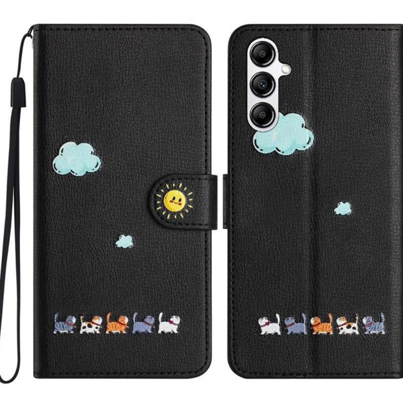Artistic Feline Design Shockproof Flip Cover Case Protective Housing With Magnetic Snap Stand Function & Card Pockets