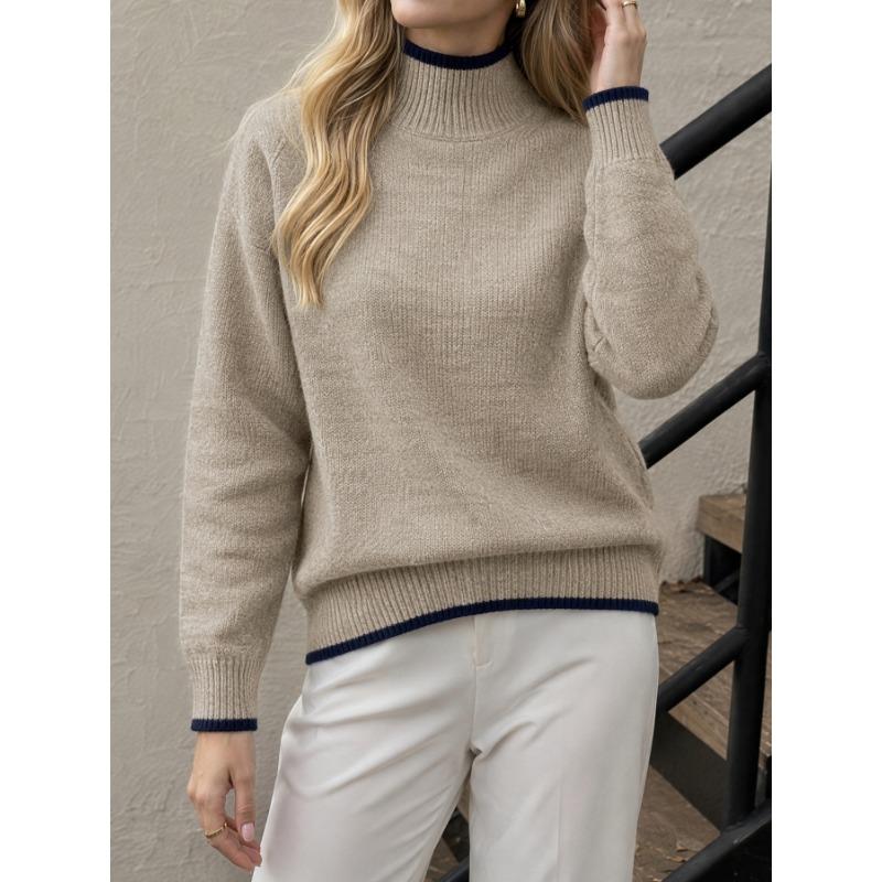 Women Half Turtleneck Color Block Long Sleeve Knitted Loose Pullover Sweater Casual Bottoming Top