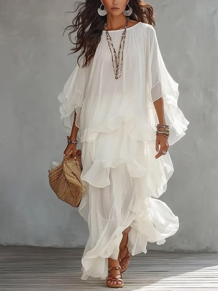 Elegante Vestido Francês de Corte A, Saia Longa Franzida com Mangas Lanterna e Detalhes de Contas