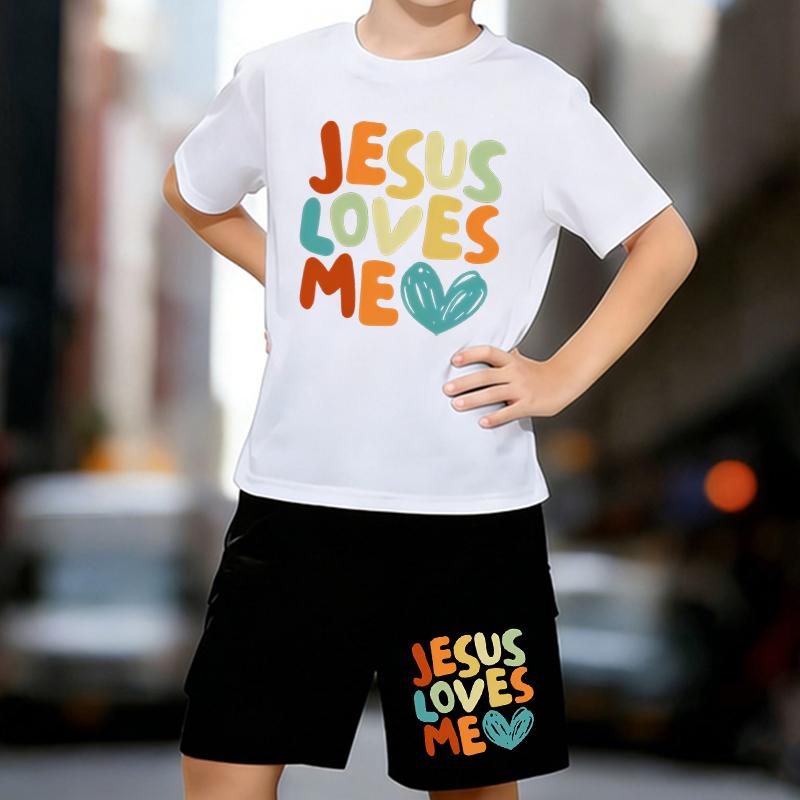 

Boys 2 Piece Text Printed T-shirt with JESUS LOVES ME Outfit, Short Sleeve T-Shirt and Shorts Set for Kids Age 5-14,Black Sporty Casual Summer Clothes 13-14 Years білий