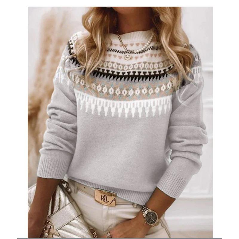 Women's Round Neck Colour Blocked Loose Fit Fashion Pullover Knitwear Luxurious Relaxed-fit Slimming and Versatile Top