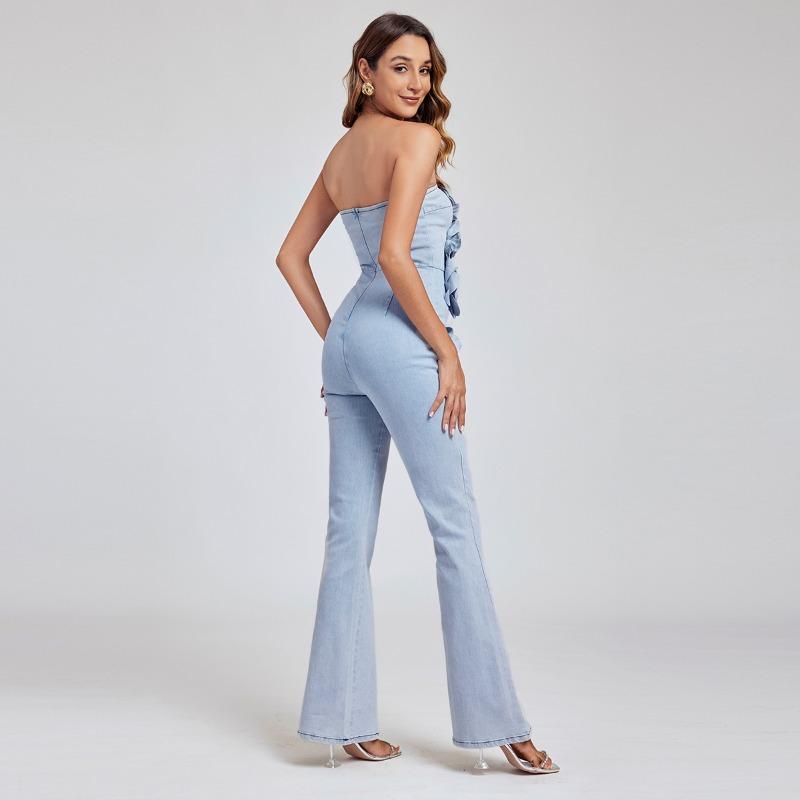 Summer Fashion Women Sexy Strapless 3D Rose Flower Denim Jumpsuits Flare Jeans Rompers