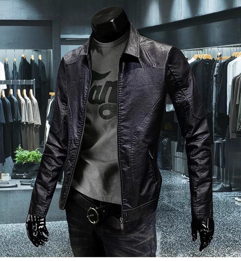 

Мужская кожаная куртка высокого класса в стиле ретро 2024 года: Тонкий, Повседневный, Красивый Осенне-Зимний Лацкан M чёрный