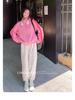 Women's Petite Pink Stand-up Collar Baseball Jacket - Sporty, Casual, for Spring and Autumn