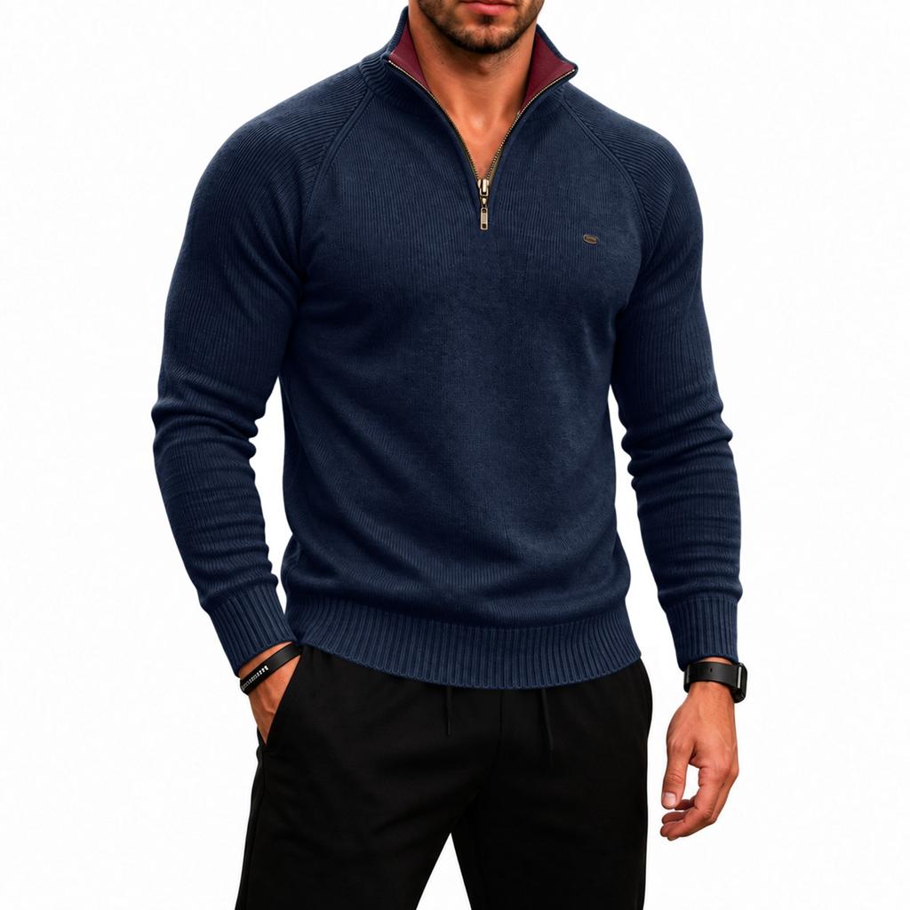 Herren Rippstrick Pullover mit halbem Reißverschluss und Stehkragen für Herbst und Winter