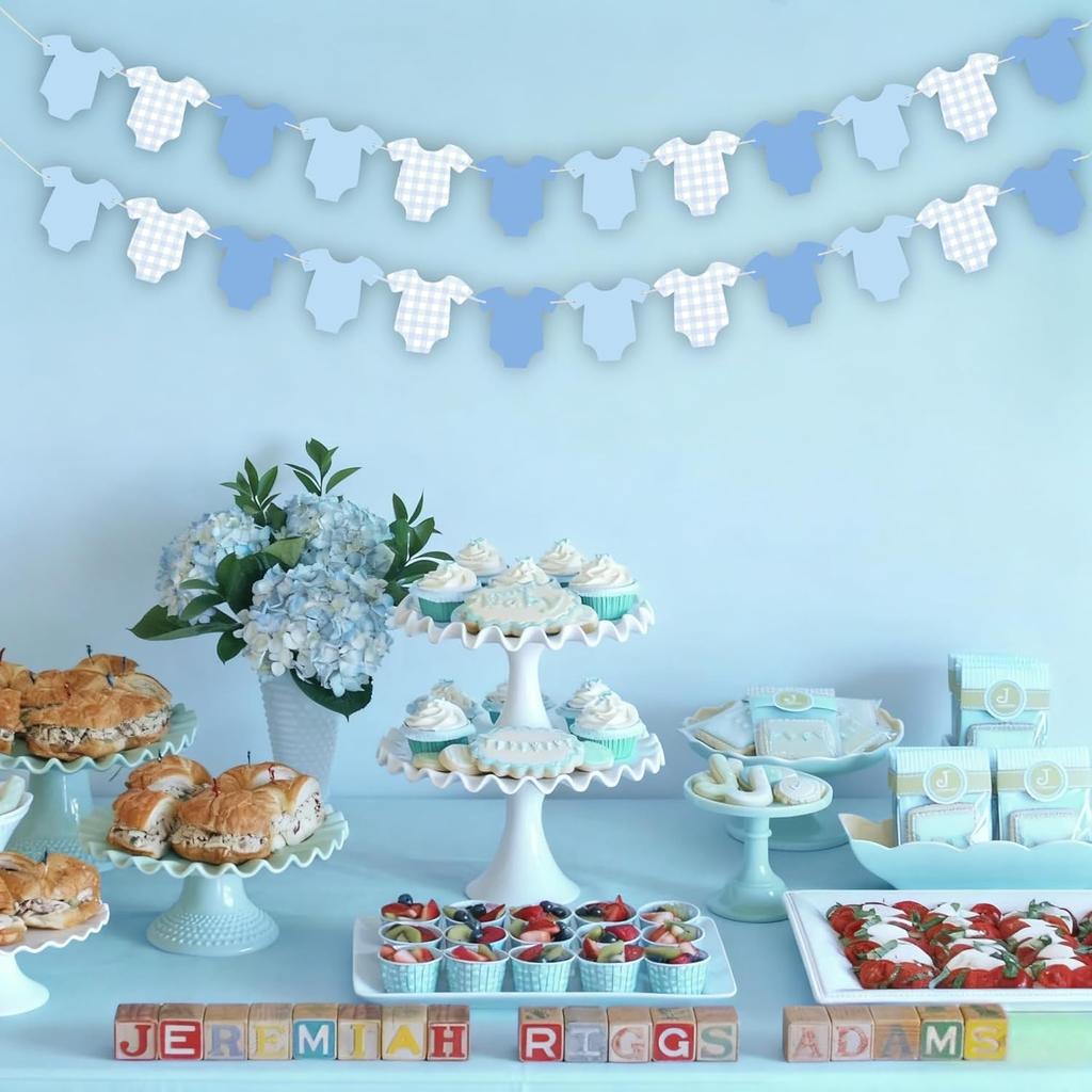 Blue Gingham Baby Shower Banner, Bodysuit Paper Garland with Clothesline, Boy or Girl Banner Baby Shower Decoration